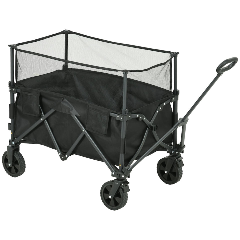 image 1 of Outsunny 180L Folding Garden Trolley Wagon Cart w/ Extendable Side Walls, Black