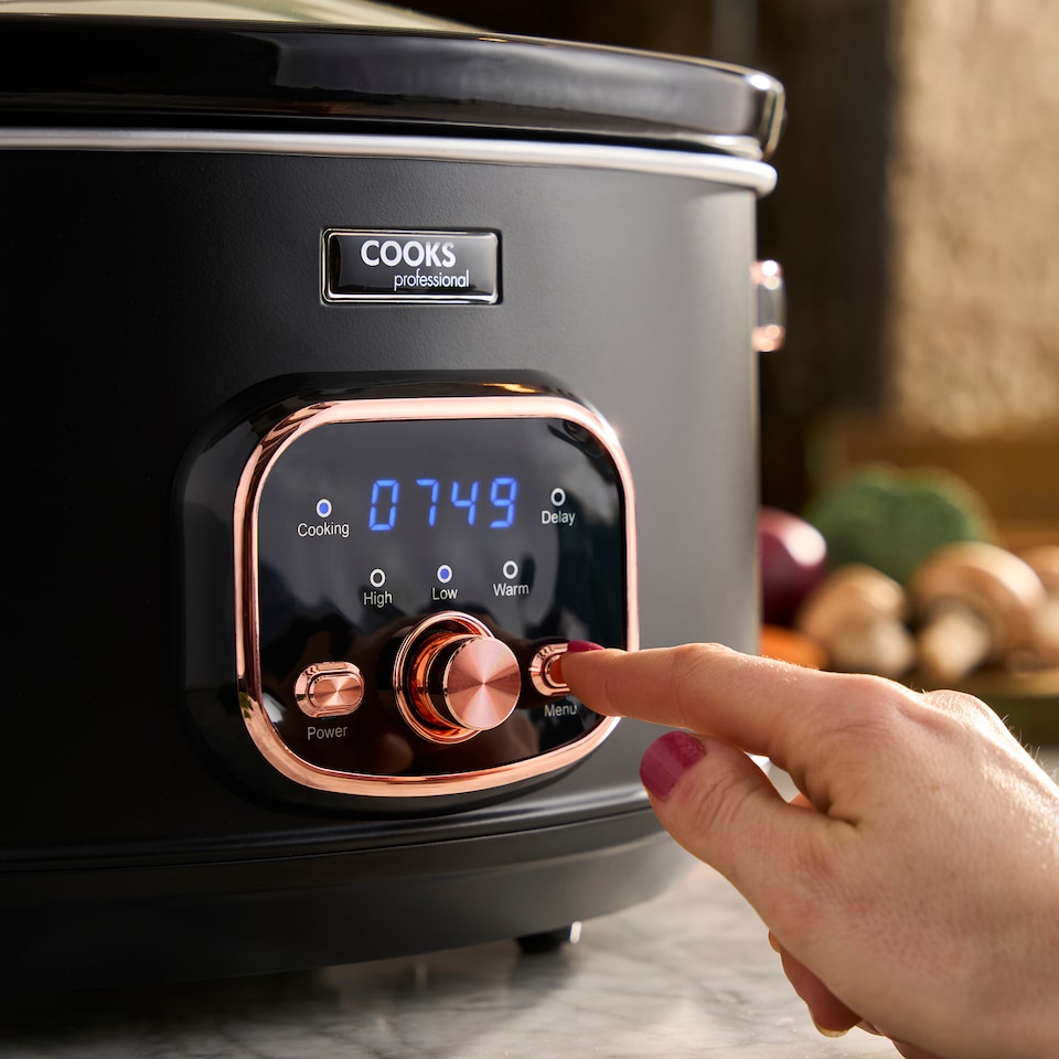 image 1 of Cooks Professional 6.5L Digital Slow Cooker with Lid, Removable Bowl & 3 Heat Settings | Black | Black & Copper