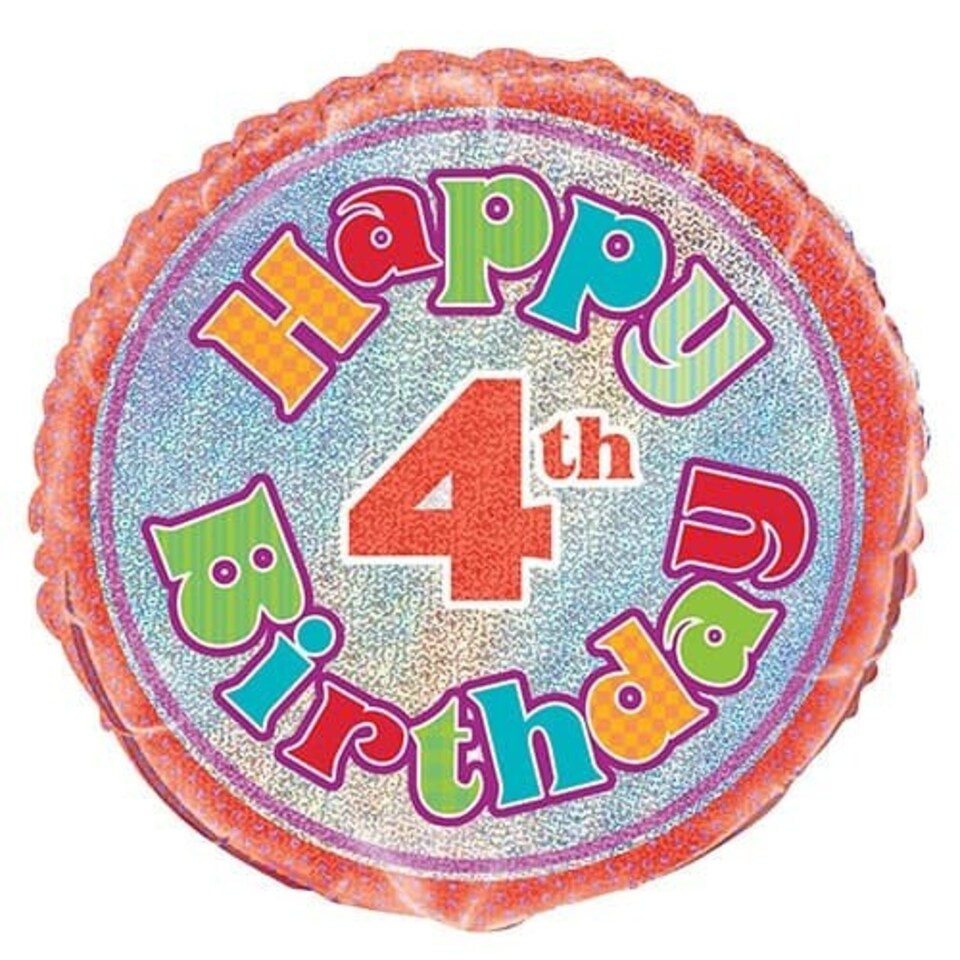 Happy 4th Birthday Holographic Round Foil Helium Balloon 46cm / 18 in
