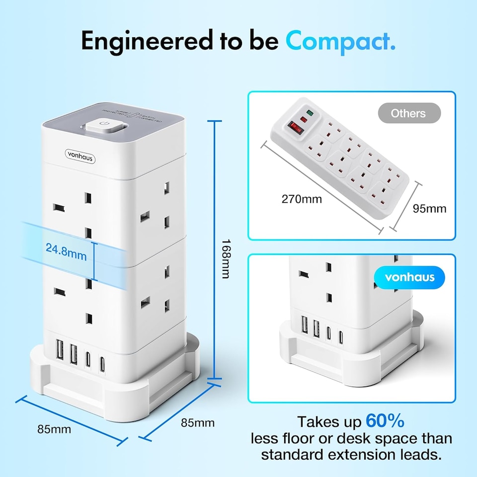 image 1 of VonHaus Tower Extension Lead with 8 Plugs and 2 USB-C Ports