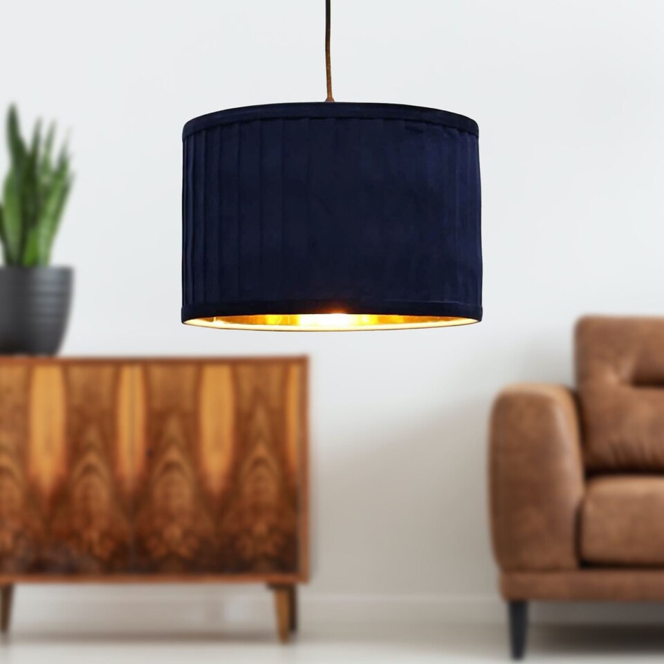 image 1 of Set of 2 Sundance - Navy Blue Velvet Pleated 30cm Lamp Shades with Gold Inner | Blue | Gold | Large | 2