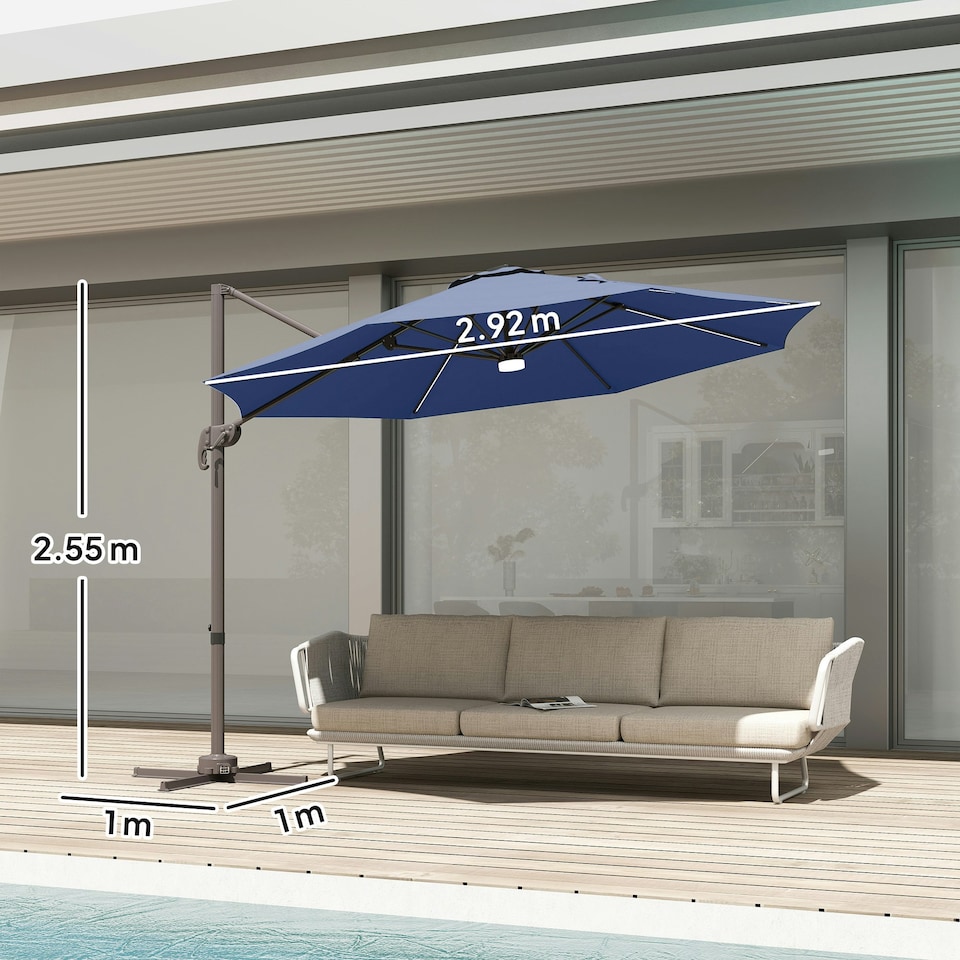 image 1 of Outsunny 3 m LED Cantilever Parasol Outdoor with Base Solar Lights Blue