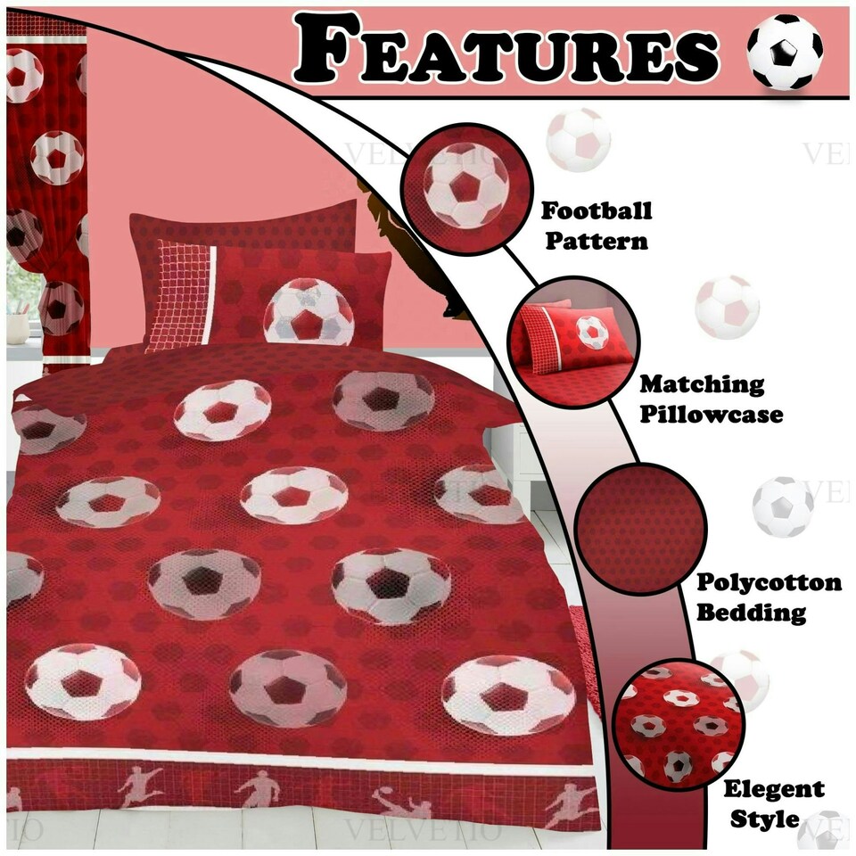 image 1 of VELVETIO Football Goals Duvet Cover Set Soft Polycotton Reversible Kids Beddings Red | Double
