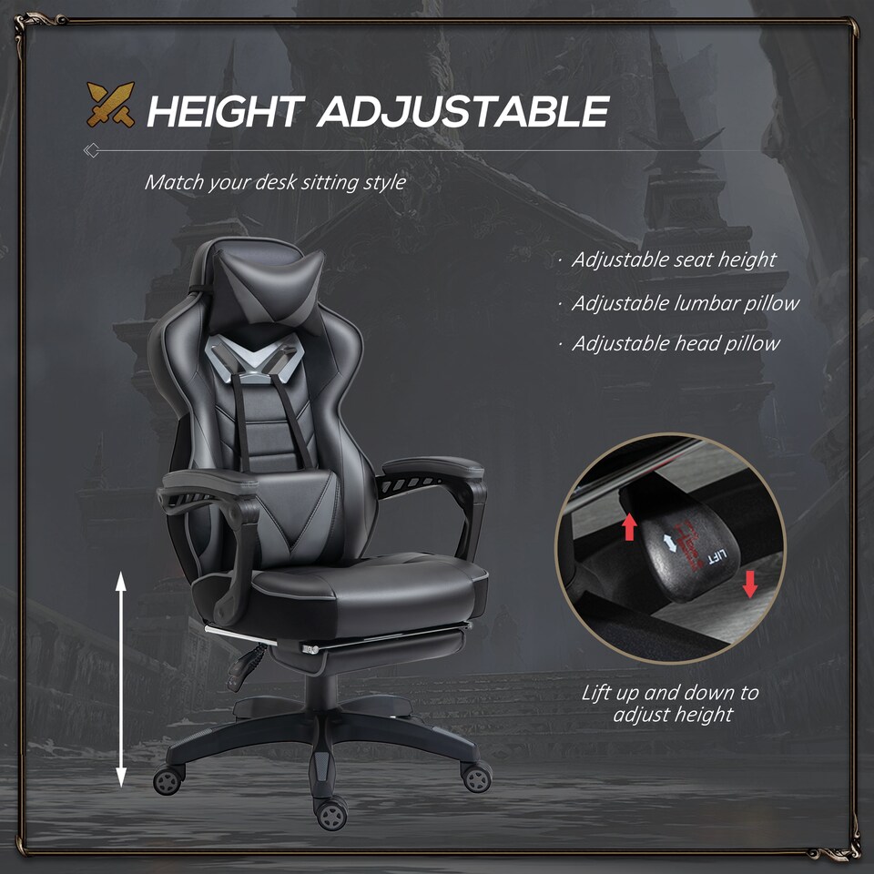image 1 of Vinsetto Computer Gaming Chair, Racing Desk Chair with Lumbar Support and Footrest, PU Leather Gamer Chair with Headrest and Swivel Wheels for Home, Grey