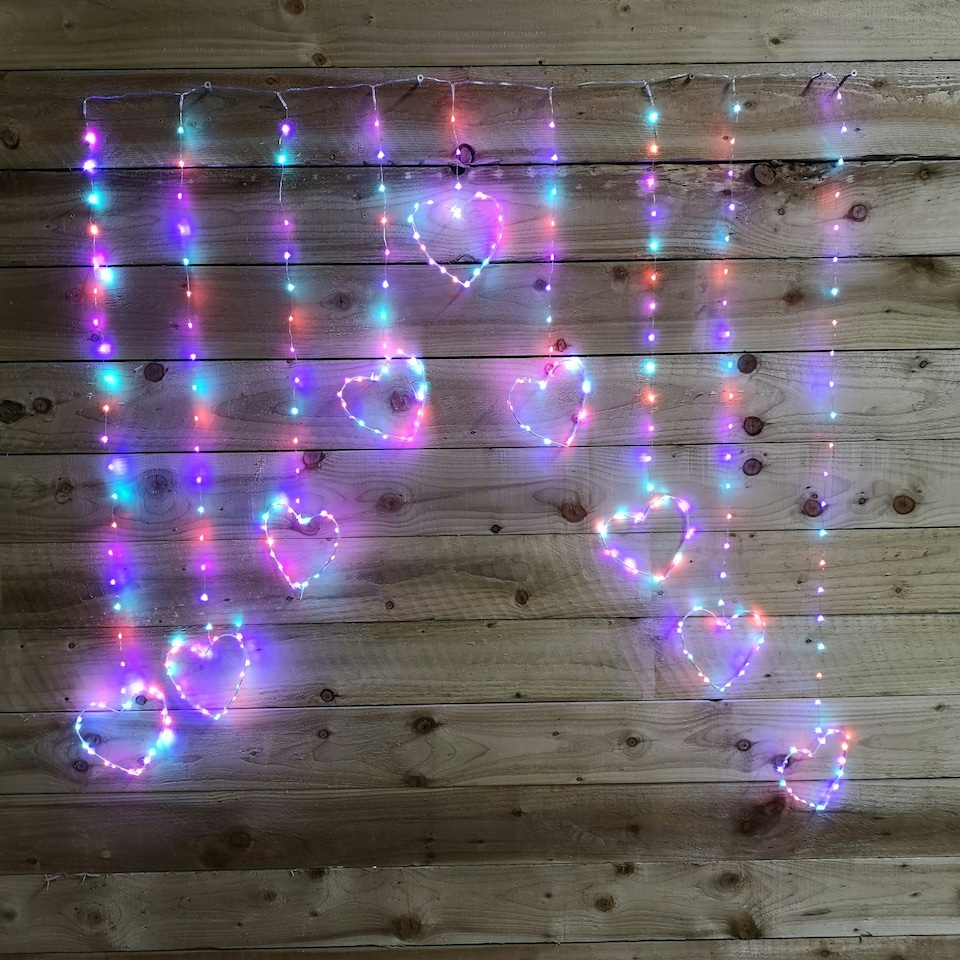 image 1 of 1.2m Christmas Static Heart LED Silver Pin Wire V Curtain Lights in Rainbow