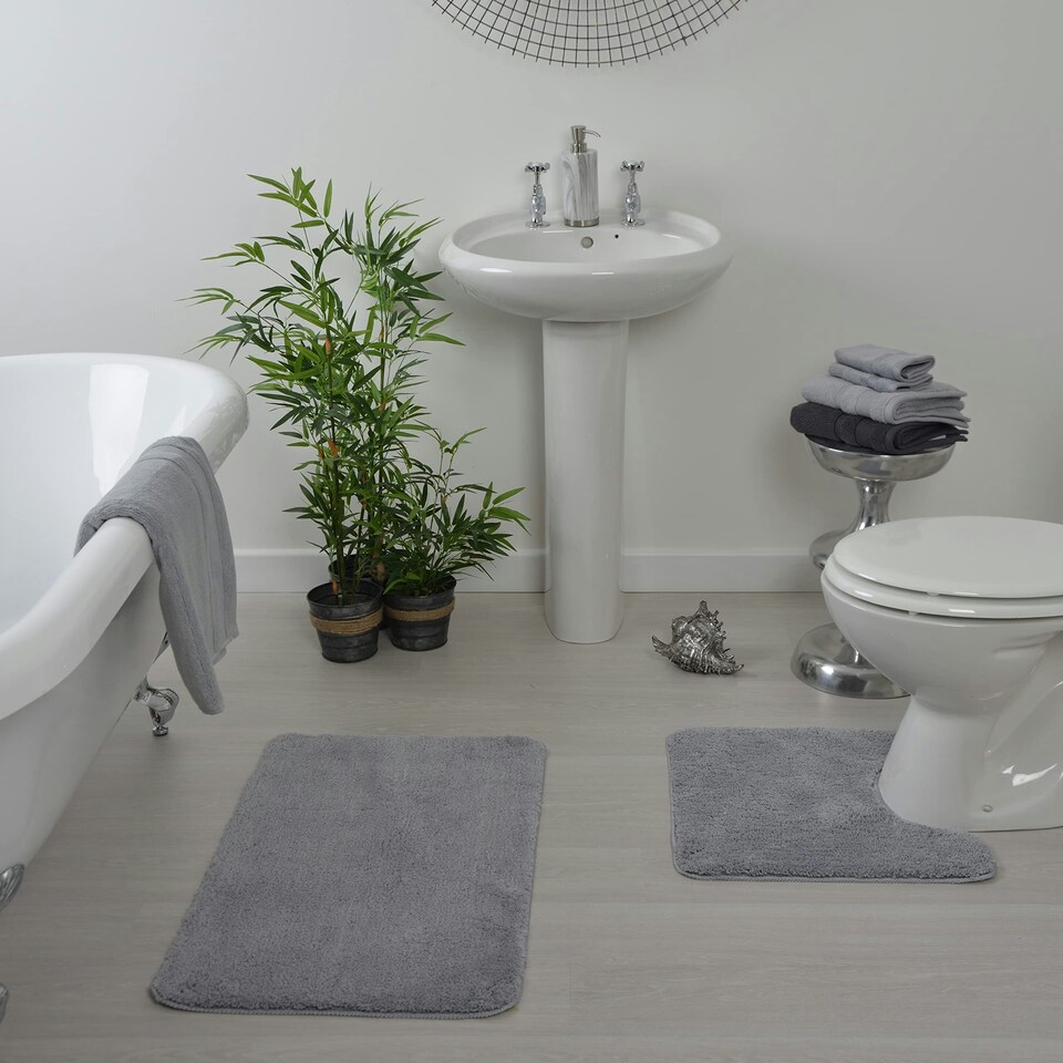 image 1 of Luxury Microfibre Deep Pile Bath Mat and Pedestal Set - Non Slip Grey | Dove Grey