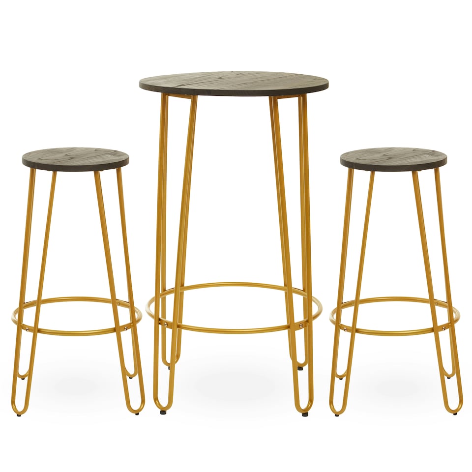image 1 of Interiors by Premier Set of 3 Gold Frame Bar Table Stool Set , Hairpin Stool for Kitchen Counter, Elm Wood Metal Frame Stool