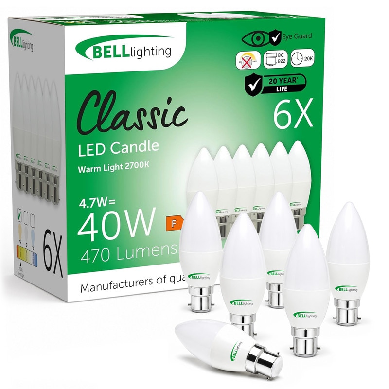 BELL Lighting B22 Candle LED Bulb Warm White 4.7W 470lm Bayonet Cap Light Bulb | Size: Pack of 6