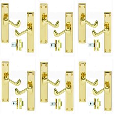 Golden Grace 6 Pairs Victorian Scroll Door Handles in Polished Brass Finish with Latch - 120mm Backplate | Gold | 6 Set