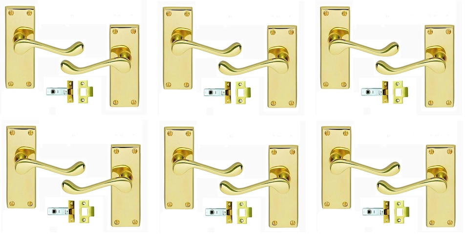 image 1 of Golden Grace 6 Pairs Victorian Scroll Door Handles in Polished Brass Finish with Latch - 120mm Backplate | Gold | 6 Set