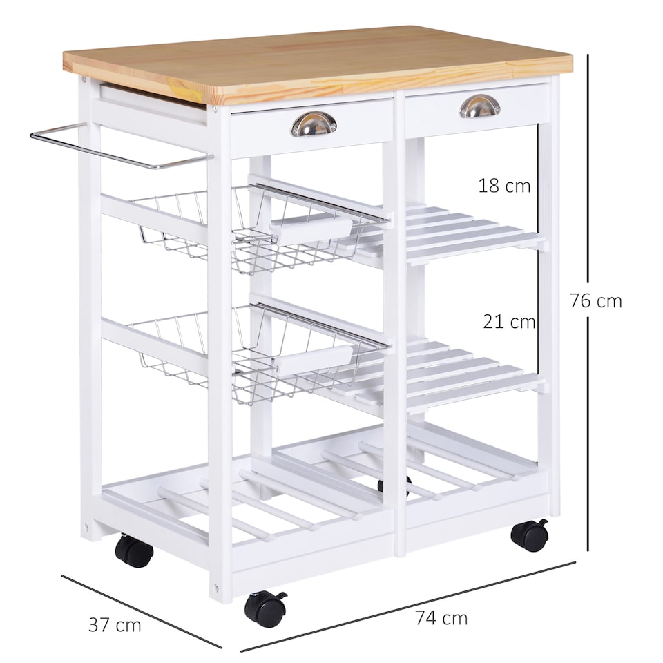 image 1 of HOMCOM Rolling Kitchen Island Trolley Cart Drawer Shelves Basket Wheels W 6 Bottle Wine Rack White