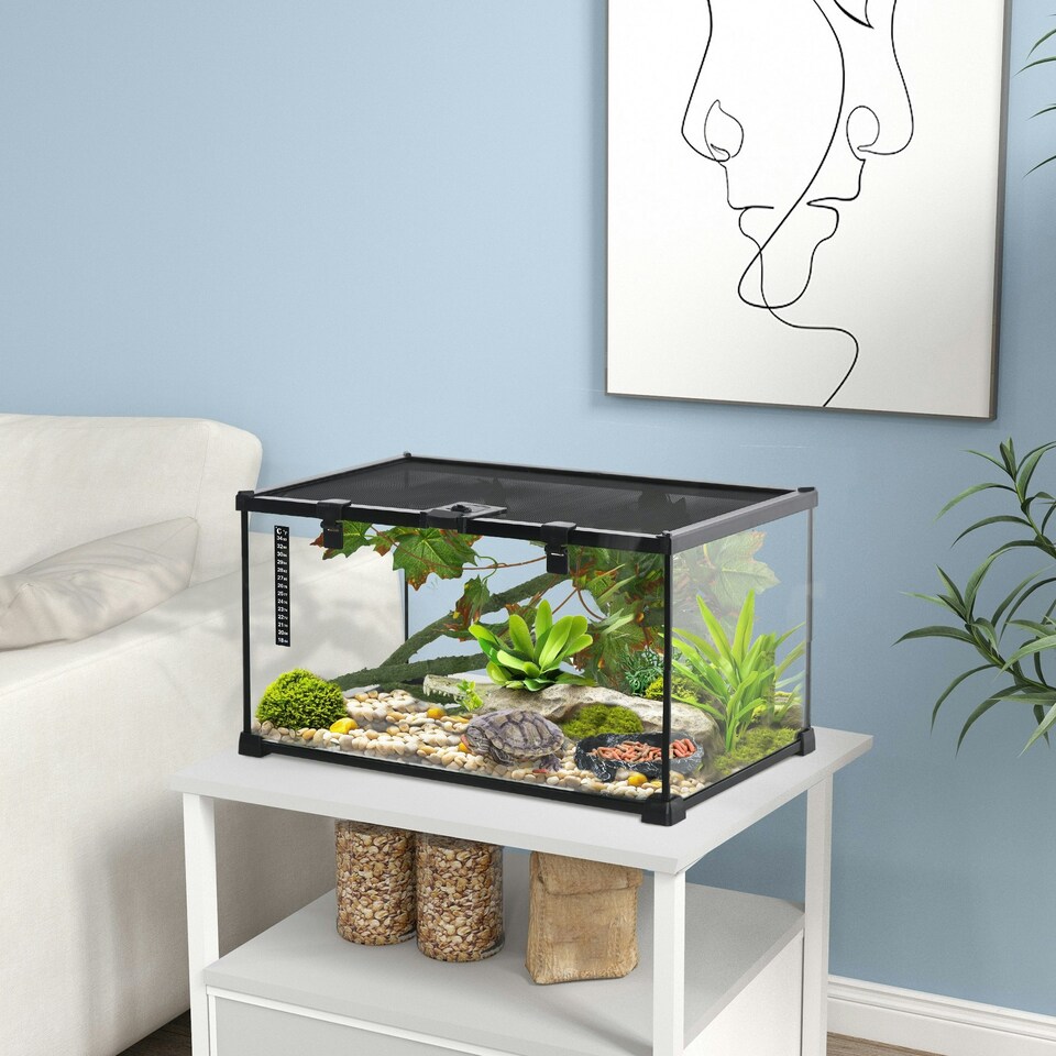 image 1 of PawHut Glass Reptile Terrarium with Thermometer, Decor Kit, Heated - Black