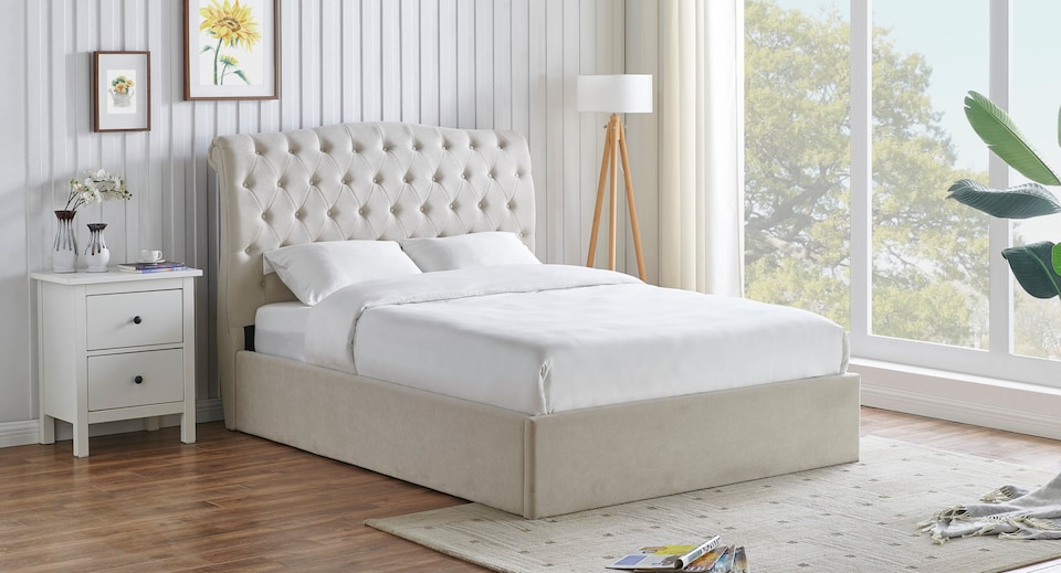 image 1 of 4ft6 Double Ottoman gas liftup storage bed frame,fabric upholstered, natural beige,buttoned back,curved bed frame,bedstead