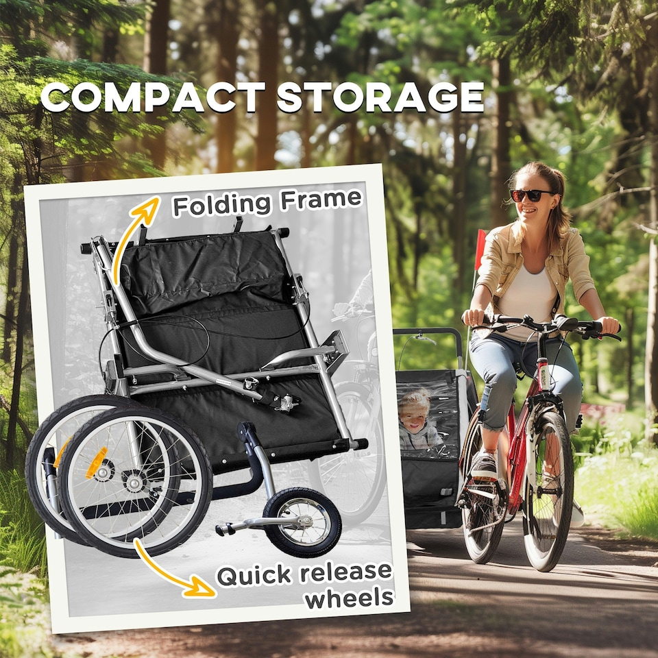 image 1 of HOMCOM 2 Seat Bike Trailer with 5 Point Harness, for 18+ Months, Black