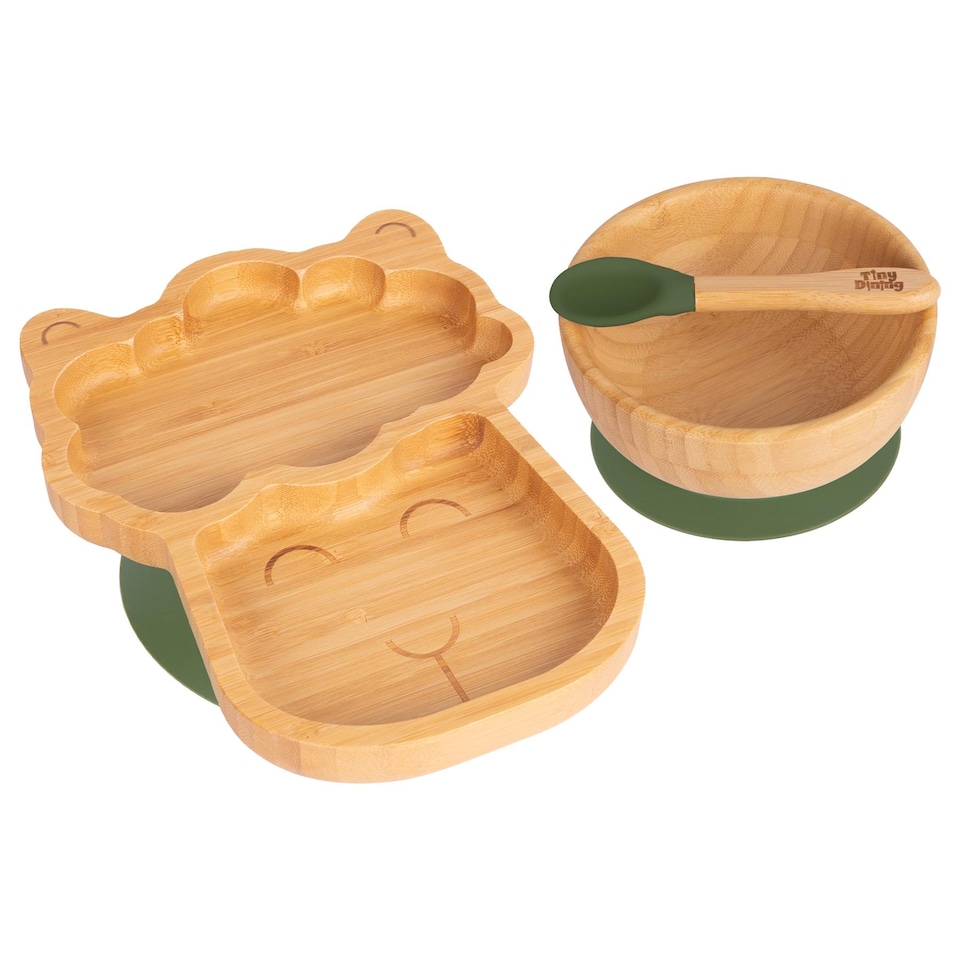 image 1 of Tiny Dining 3pc Llama Bamboo Suction Dinner Set - Olive Green