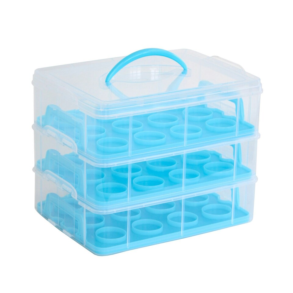 image 1 of Oypla Blue 3 Tier 36 Cupcake Plastic Carrier Holder Storage Container Blue