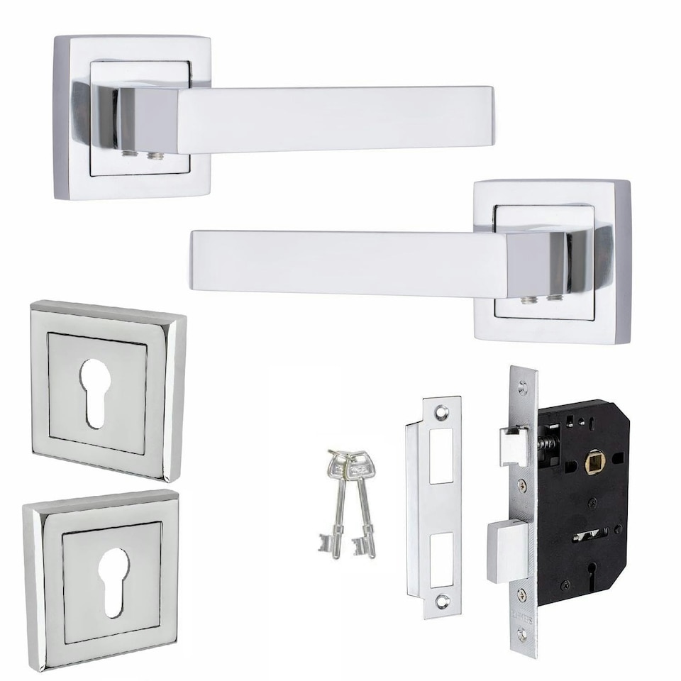 image 1 of Golden Grace Delta Design Door Handles Set in Polished Chrome Finish with 2.5" 3 Lever Lock and Keyhole Escutcheon | Chrome | 1 Set