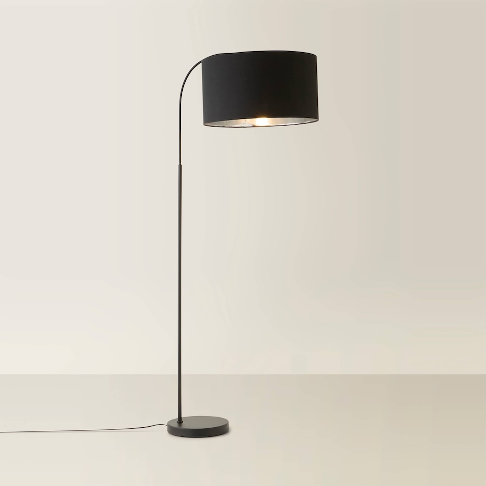 image 1 of ValueLights Curva Black Arched Floor Lamp Black Velvet Chrome Shade | Black