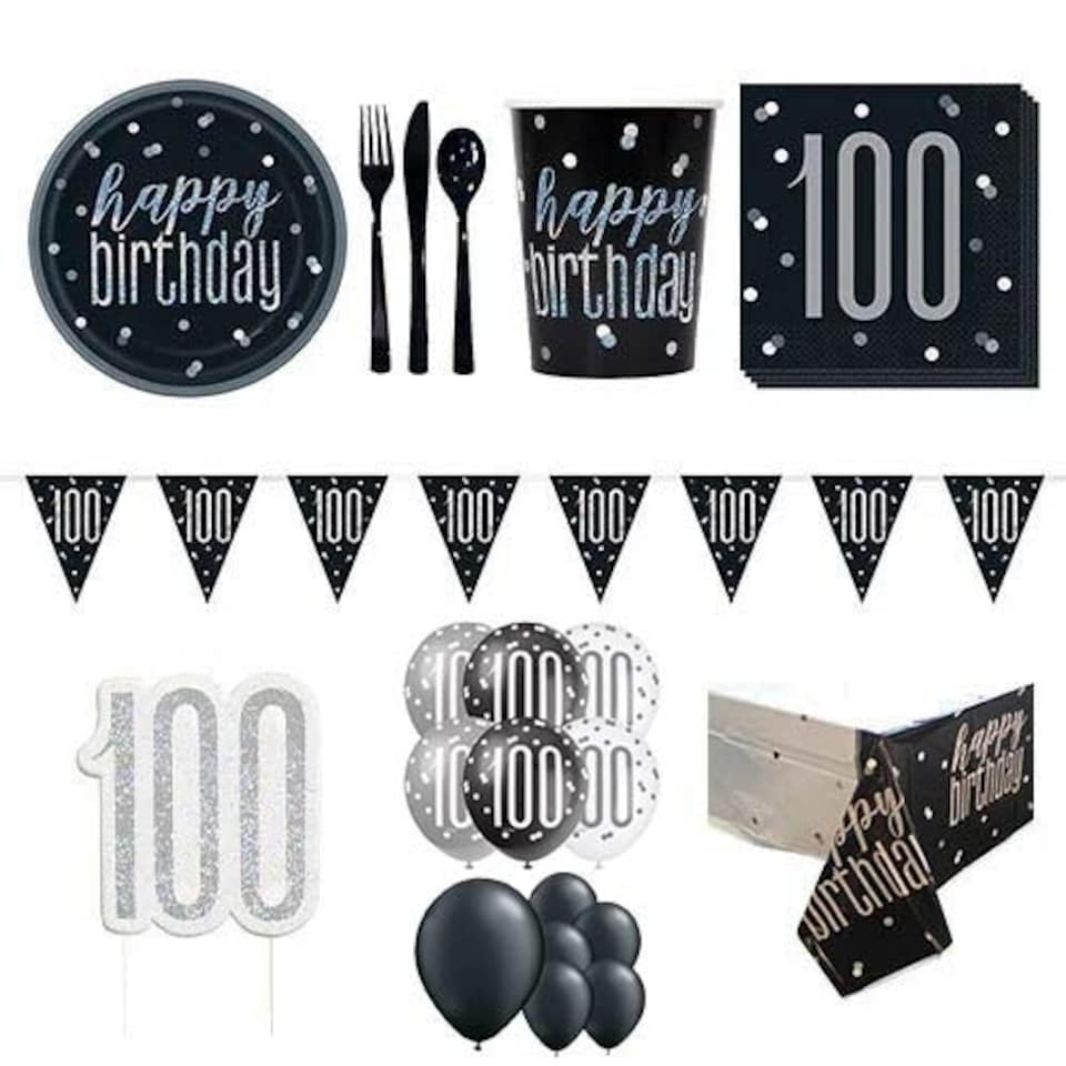 Black Glitz 100th Birthday 16 Person Deluxe Party Pack