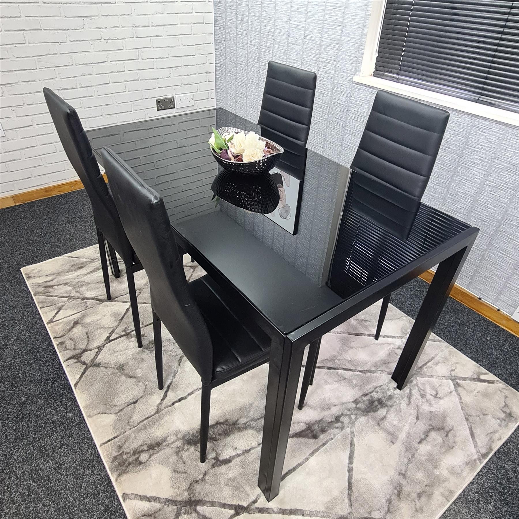 Dining Table and 4 Chairs Black Glass 4 Faux Leather Chairs Dining Room Furniture