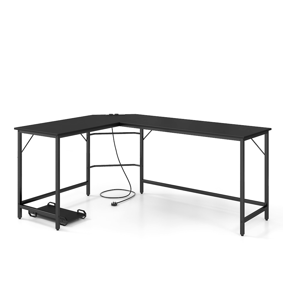 image 1 of COSTWAY L-Shaped Desk with Power Outlet Computer Desk Black