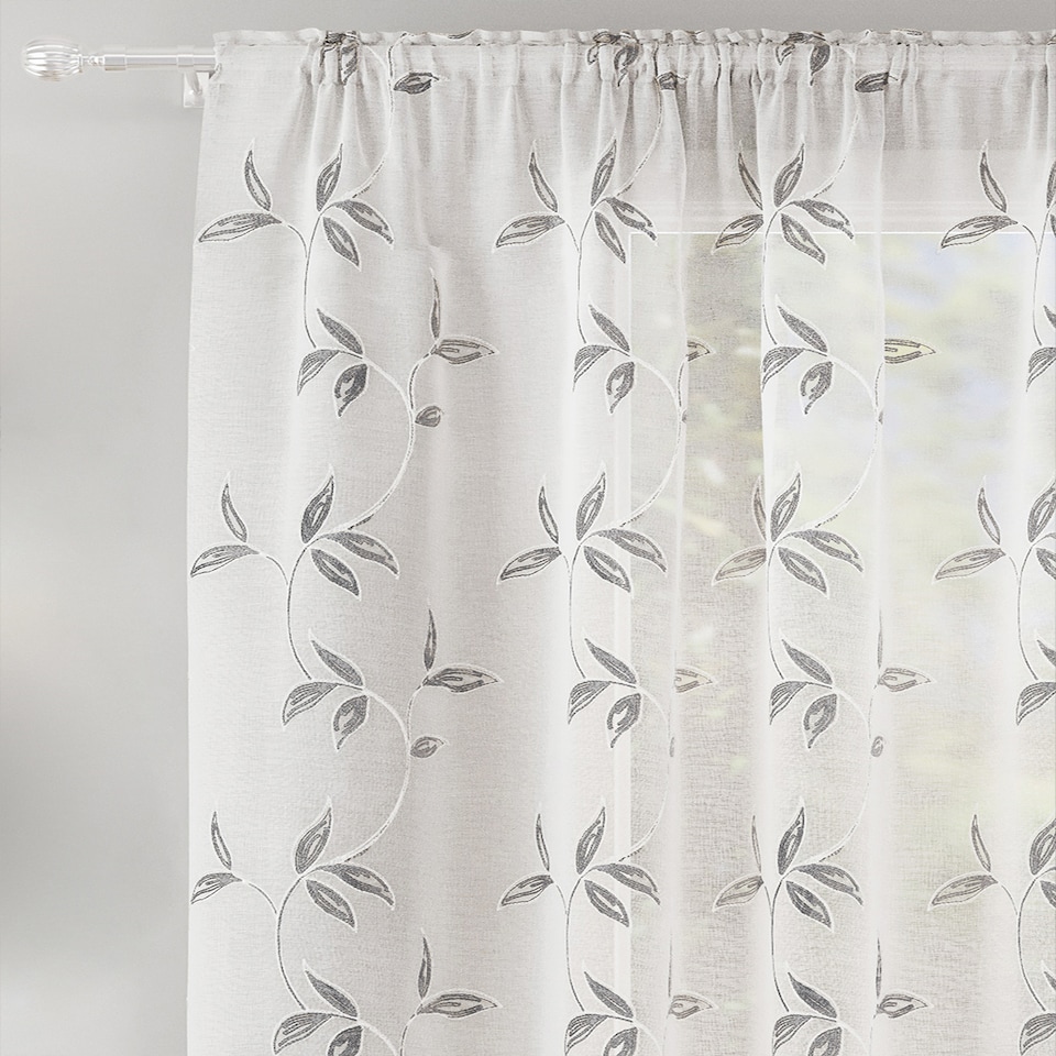 image 1 of Oasis Grey Embroidered Leaf Design Voile Panels - Pair 140 x 183cm (55x72")