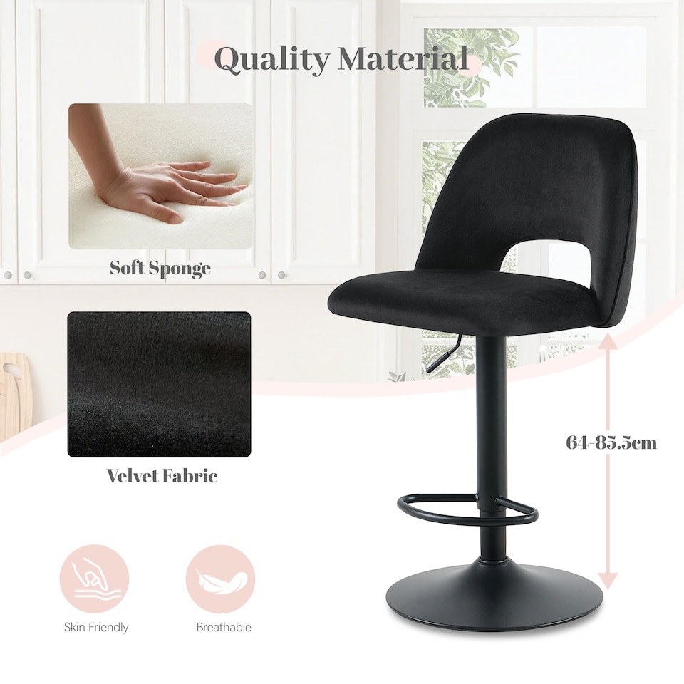 image 1 of SONARA Set of 3 Adjustable Velvet Upholstered Breakfast Bar Stools | Black