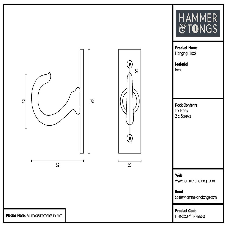 image 1 of Hammer & Tongs Hanging Hook - W20mm x H70mm - Black