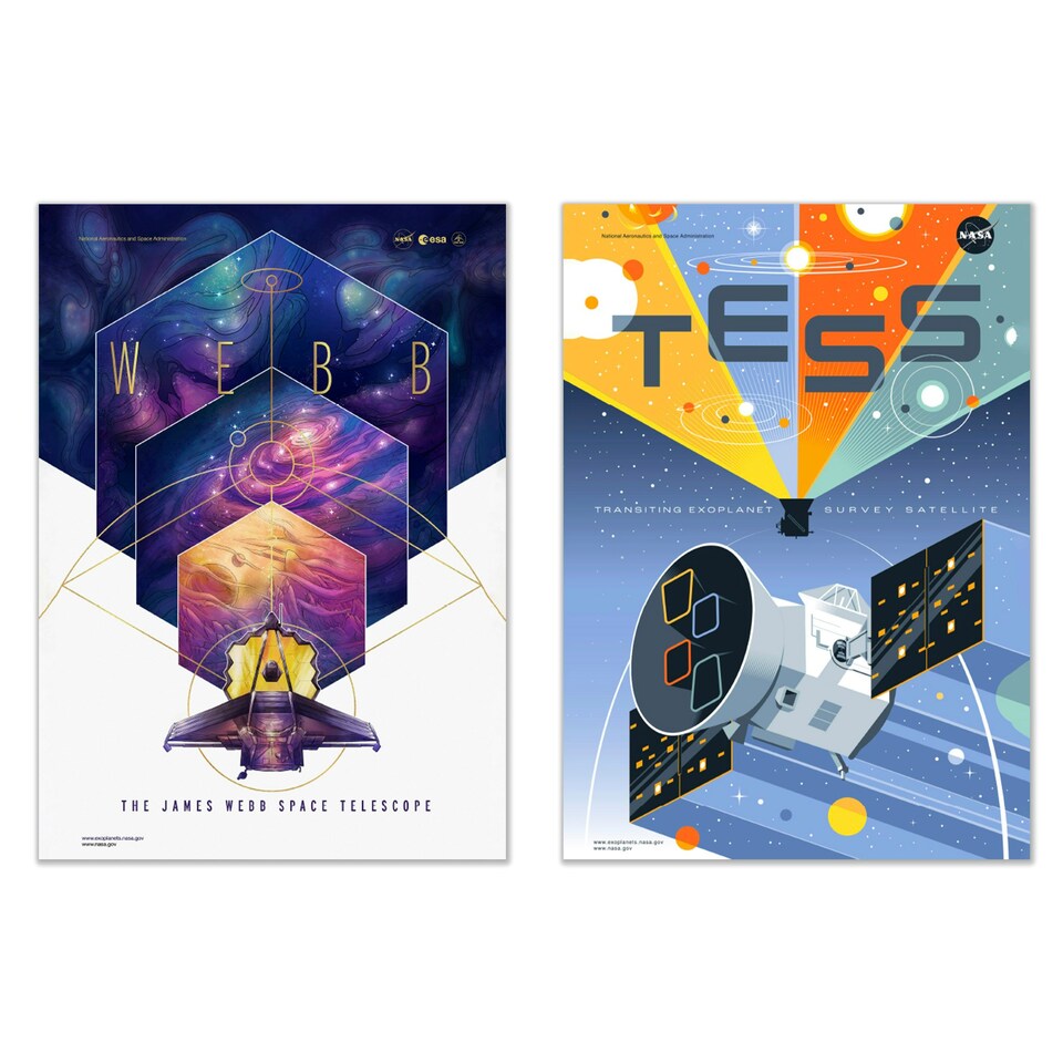 image 1 of Pack of 6 NASA Exoplanet Travel Bureau Telescopes Space Office Study Wall Art Print A4