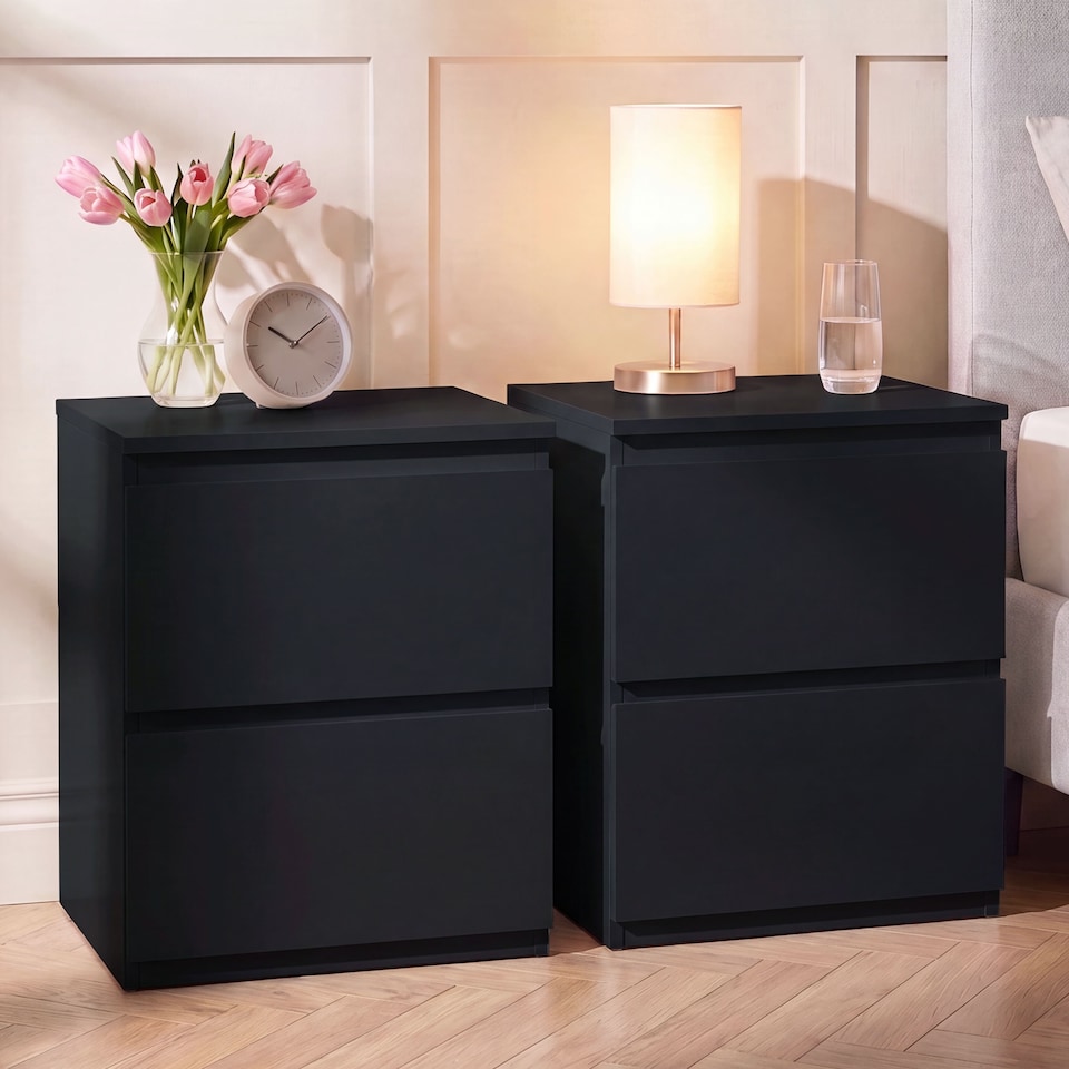 image 1 of Vida Designs Denver Large 2 Drawer Chest of Drawer Bedside Cabinet Nightstand Units Set of 2 - Black
