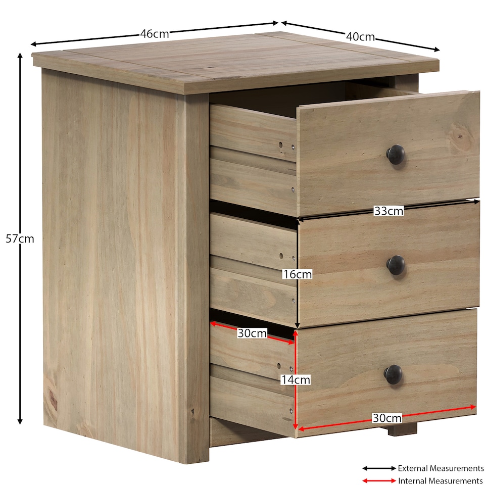 image 1 of Vida Designs Panama 3 Drawer Bedside Chest Cabinet Table Nightstand, Solid Pine Wood