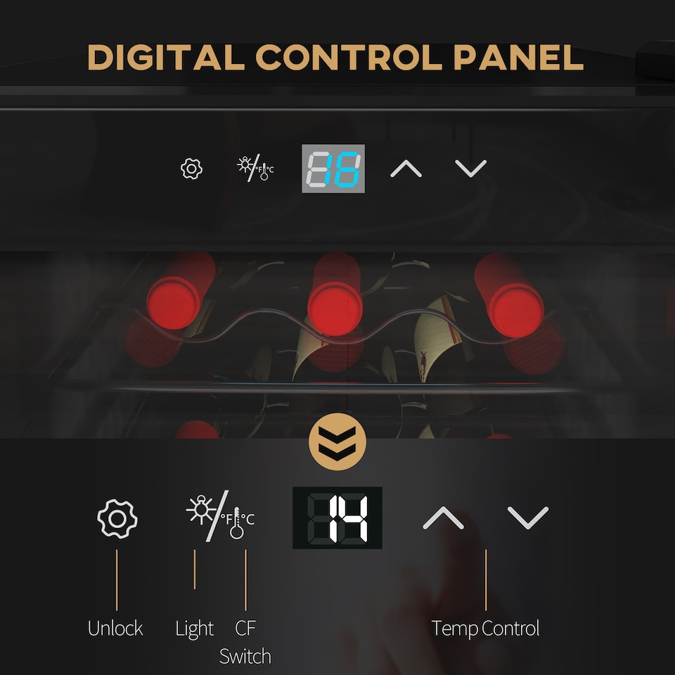 image 1 of HOMCOM 50L Wine Cooler, 18 Bottles, 5-18degree Freestanding Wine Fridge with Glass Door, LED Light, Temperature Control and Digital Touch Screen, Black