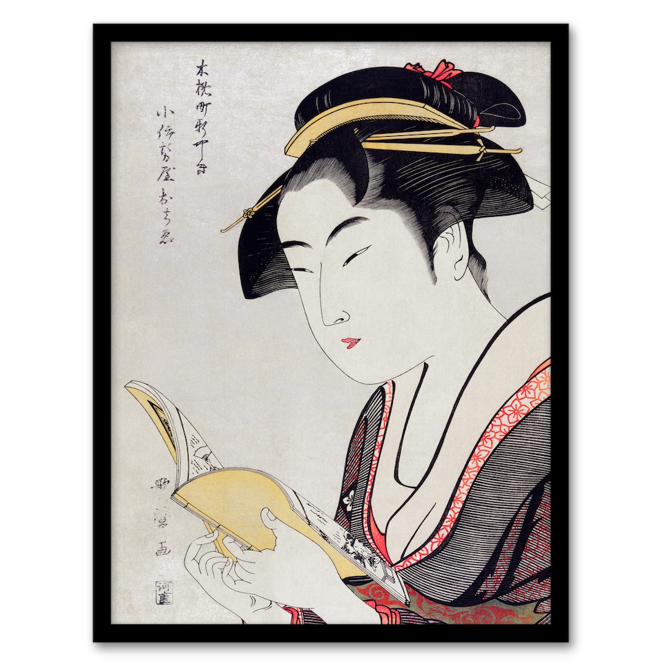 image 1 of Utamaro Kitagawa Framed Wall Art Print Woman Portrait With Book Home Décor
