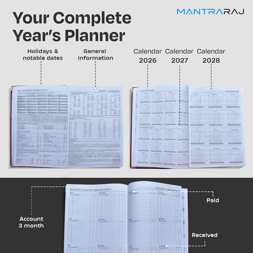 image 1 of MantraRaj 2027 Diary A5 Page A Day Padded Case Bound Desk Diary Office Organiser Planner Blue
