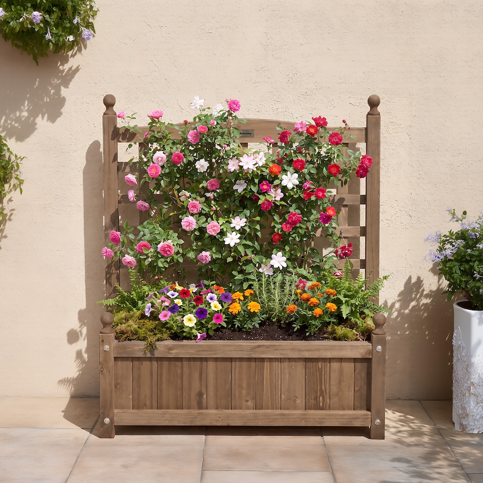 image 1 of Outsunny Raised Garden Bed with Trellis Garden Planters Indoor Outdoor Brown | Brown | Brown
