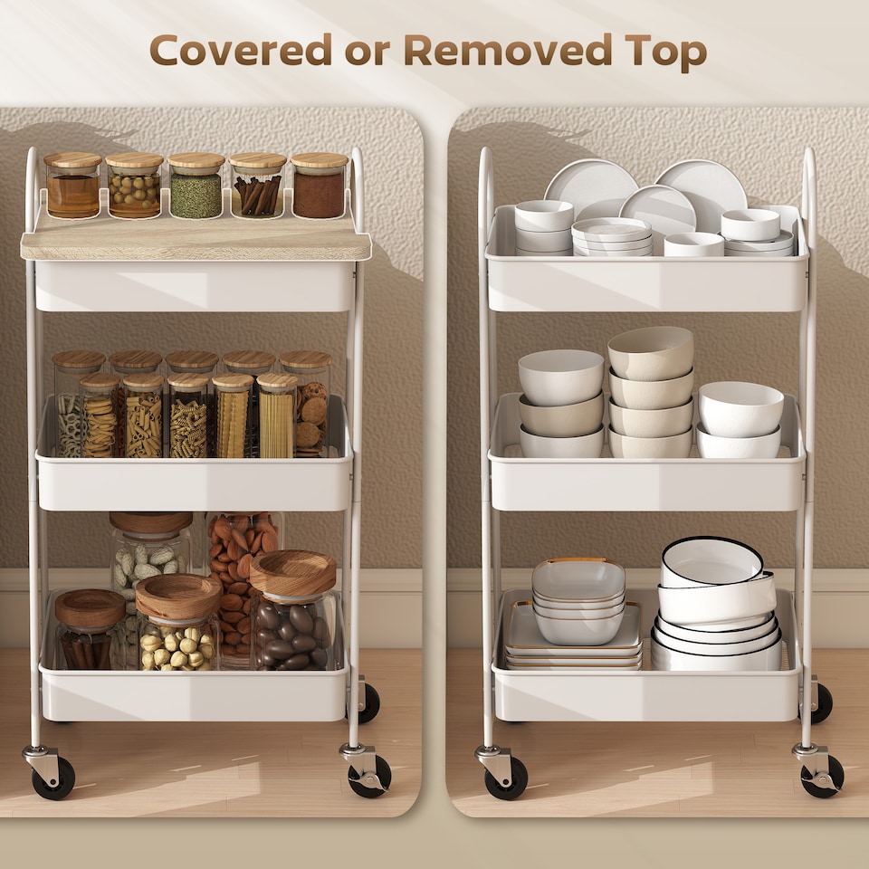 image 1 of HOMCOM 3-Tier Storage Trolley with Covered Top Board, Rolling Utility Cart, Mobile Storage Cart on Wheels with Mesh Baskets for Kitchen, Living Room, Dining Room, Bedroom, Bathroom, White | White | Oak and White