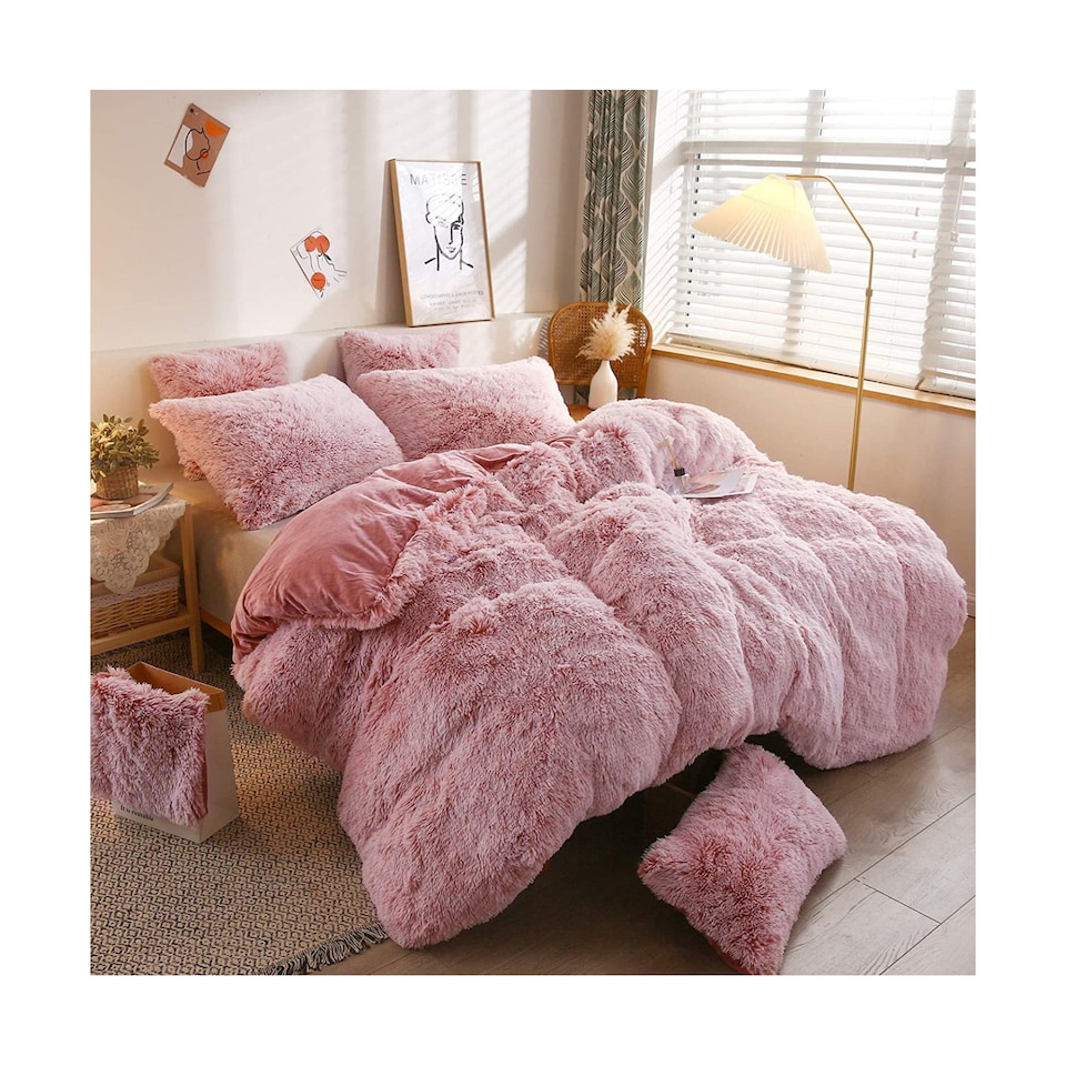 image 1 of Ezysleep Faux Fur Duvet Cover Set Soft Cozy Luxurious Bed Linen Easy Care | Pink | Pink