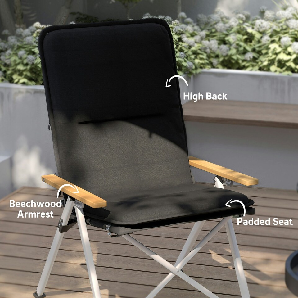 image 1 of Outsunny Padded Camp Chair Outdoor High Back Folding Recliner with Bag Black 