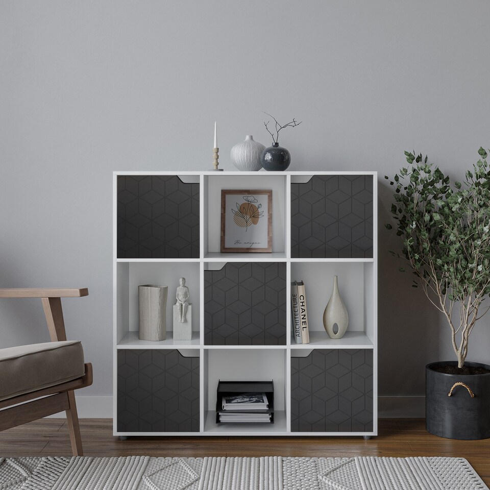 image 1 of 9-Cube Shelving Unit With Geo Doors - Square | White | White & Black | 1