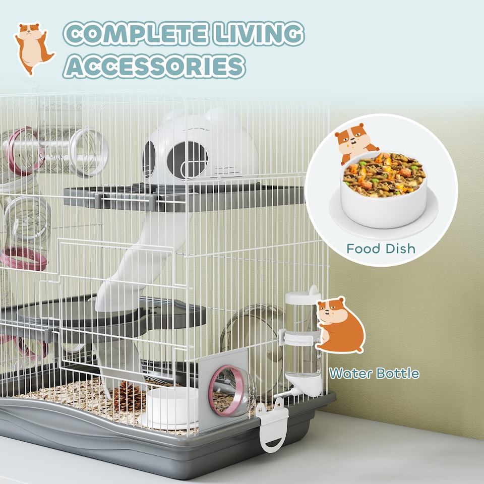 image 1 of PawHut 3-Tier Hamster Cage, Gerbil Cage for Dwarf Hamsters, 45 x 30 x 45 cm | Grey