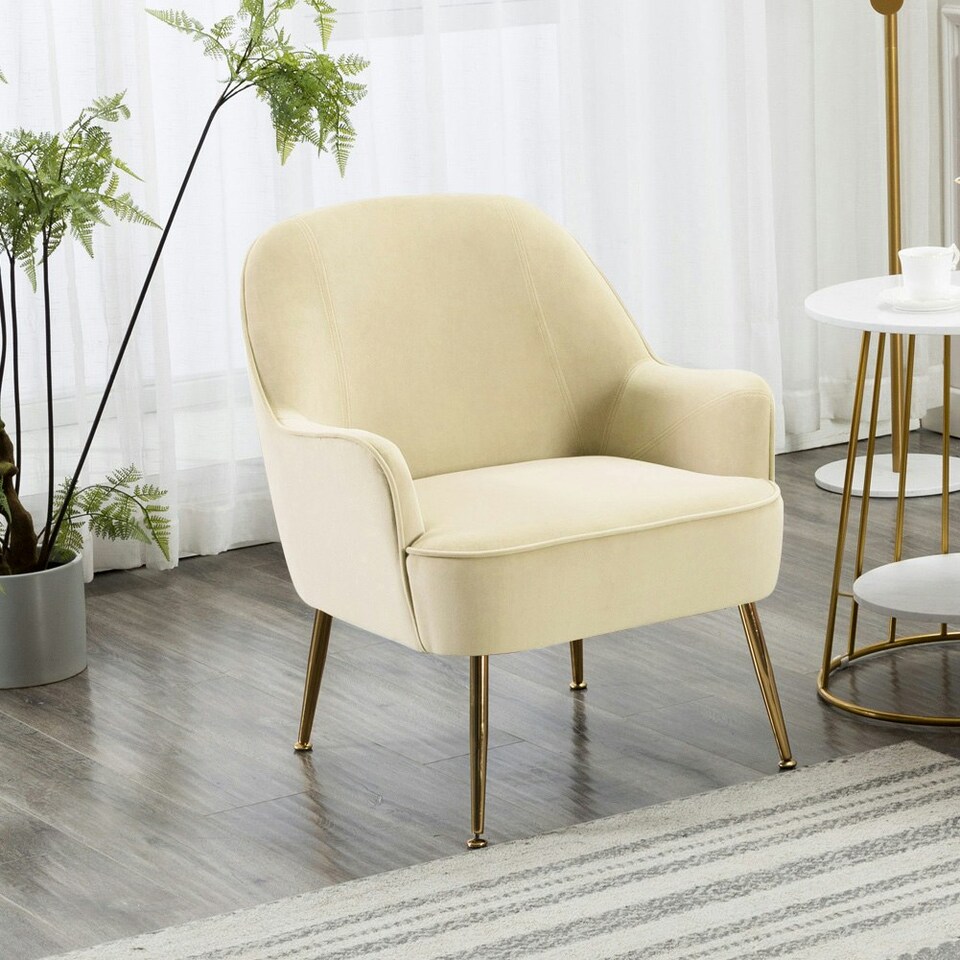 image 1 of Living and Home Contemporary Upholstered Armchair with Gold-Plated Feet - White
