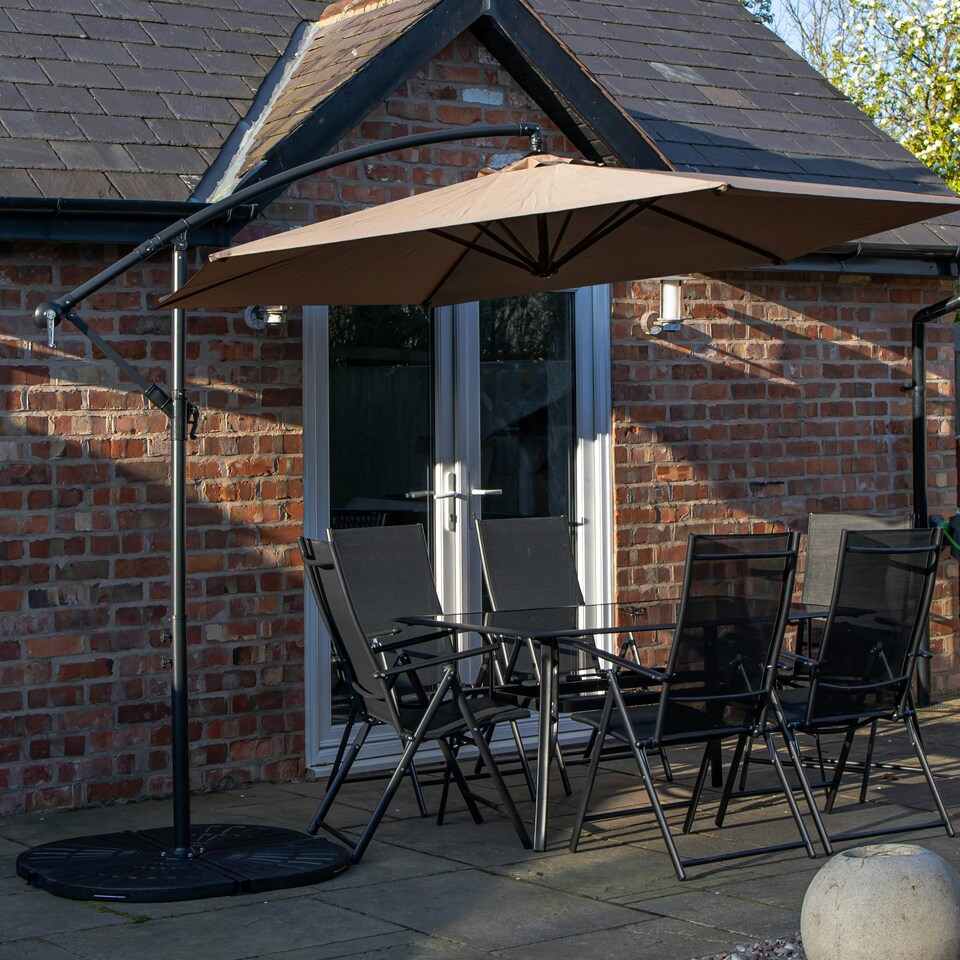 image 1 of Outdoor 6 Person Rectangular Glass Top Garden Dining Table Chairs With Beige Banana Parasol and Base