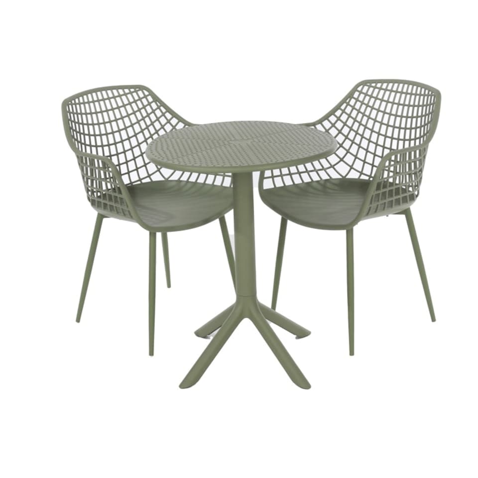 image 1 of Rimini Lattice Bistro Table and 2 Armchair Set - Plastic/Metal - L60 x W60 x H84 cm - Moss Green - Partially Assembled
