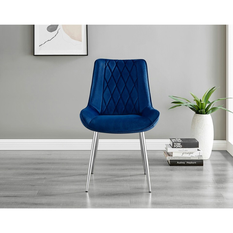 image 1 of Furniturebox 2x Pesaro Navy Velvet Silver Leg Luxury Dining Chairs