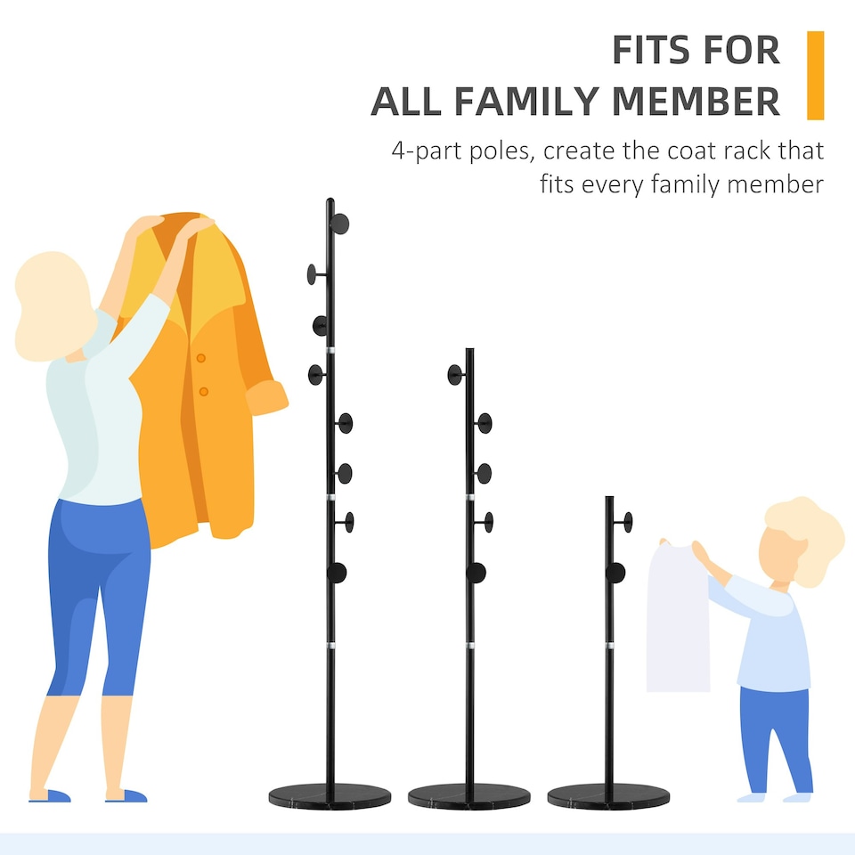 image 1 of HOMCOM Steel Coat Stand Rack Marble Base 8 Hook for Living Room Entryway,Black