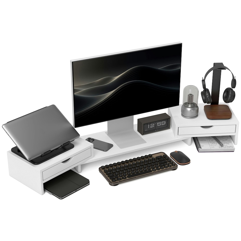 image 1 of HOMCOM Dual Monitor Stand Riser with Adjustable Length and Angle, White
