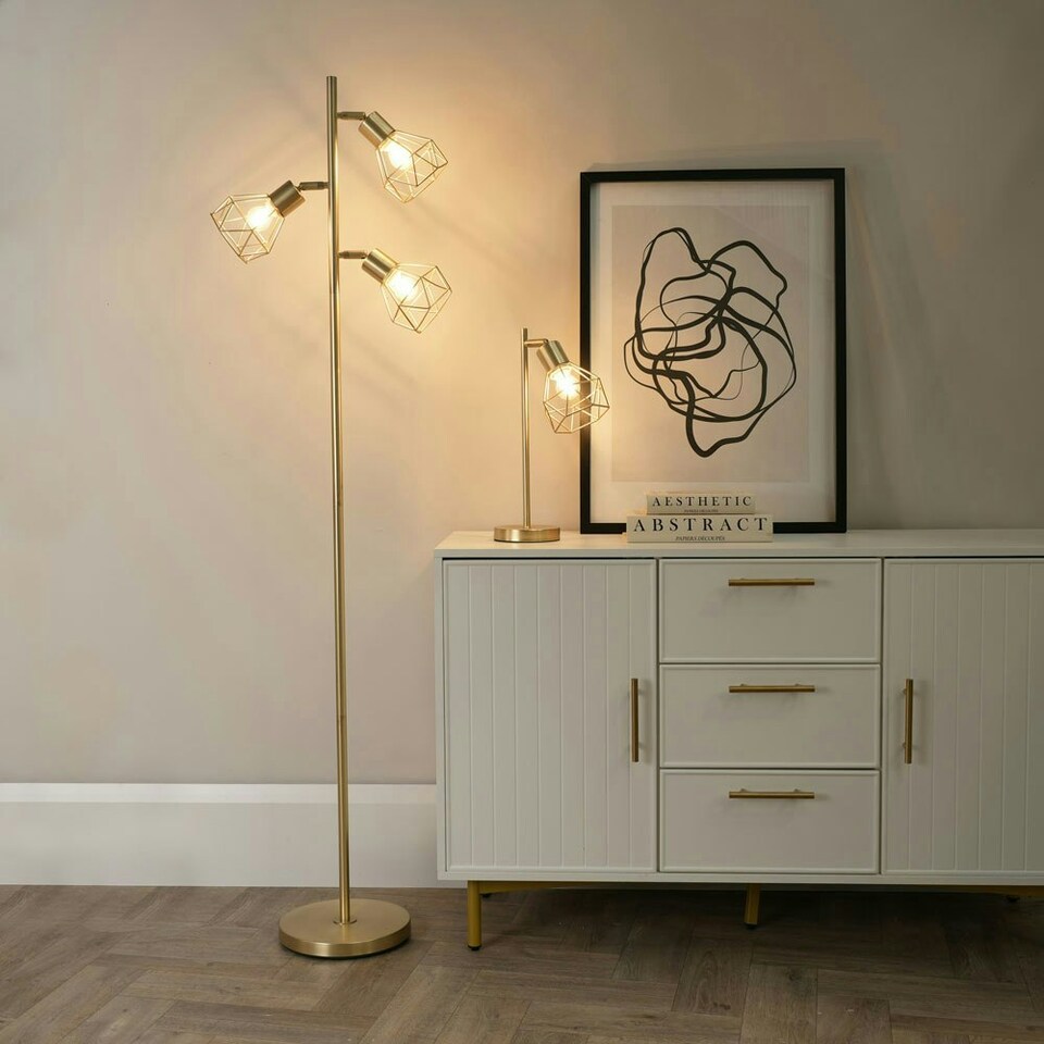 image 1 of ValueLights Angus Brushed Gold Metal Geometric Basket Shade Table Lamp with LED Bulb Gold