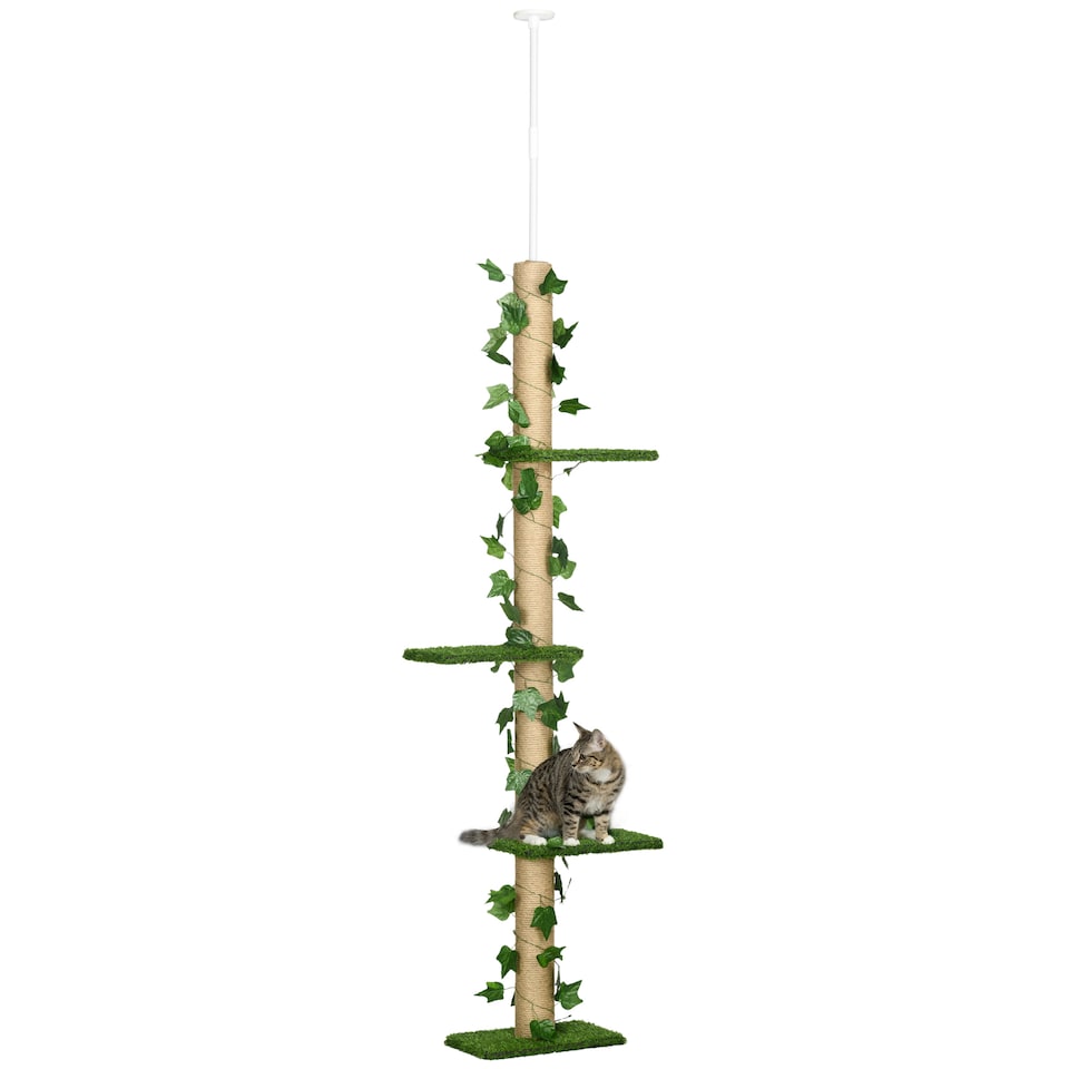 image 1 of PawHut 242cm Floor to Ceiling Cat Tree with Leaves Scratching Post, Green