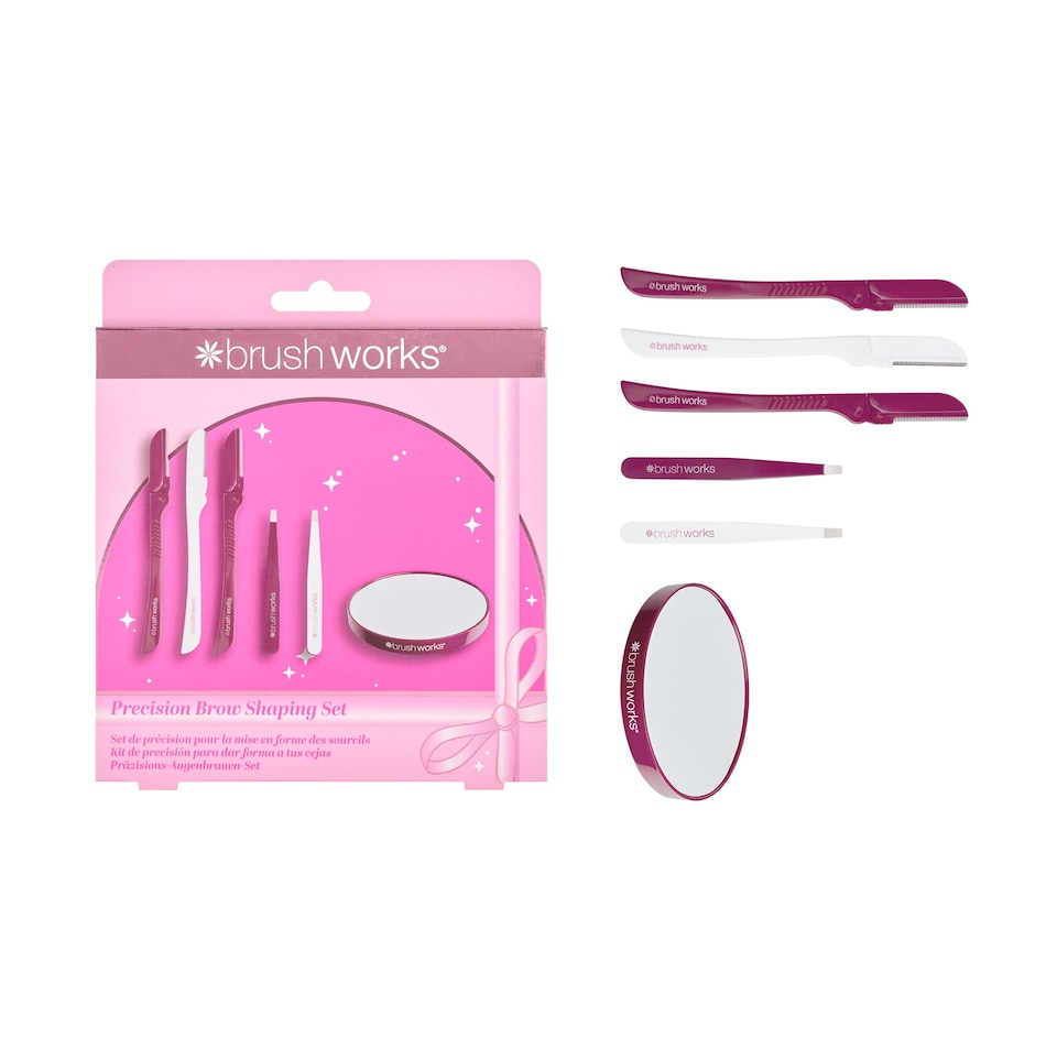 image 1 of Brushworks Precision Brow Shaping Set - 3 Razors, 2 Tweezers, Magnifying Mirror