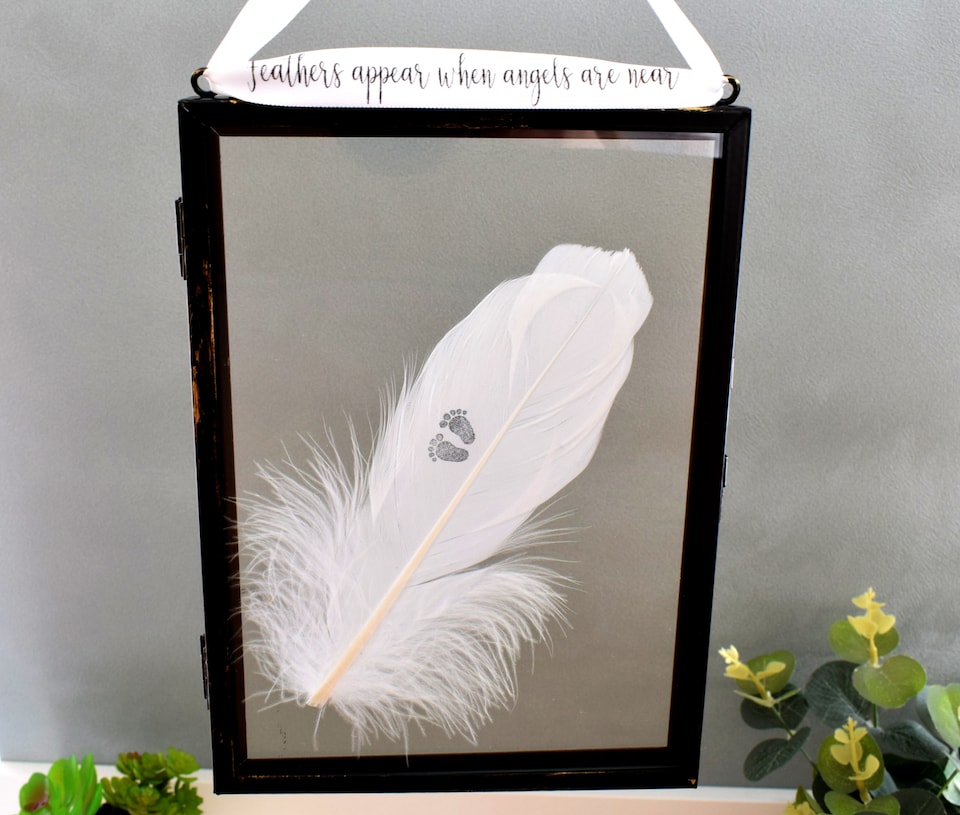 image 1 of In Memory of Baby. Baby Feet Real feather Floating Picture Frame